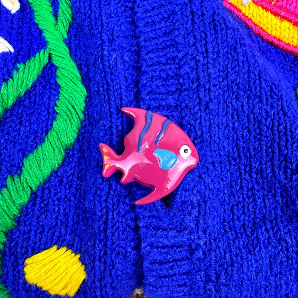 Vtg PBJ Sport Cardigan Sweater Embroidered Ocean Fish Sz S/P Quirky 90s Kidcore - Picture 8 of 16